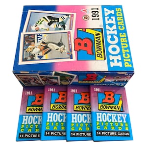 4 Packungen von 1991 Bowman NHL Hockey Vintage Bildkarten. 14 Karten pro Packung. Topps 1991. Sammelt alle! Viele klassische NHL-Stars!