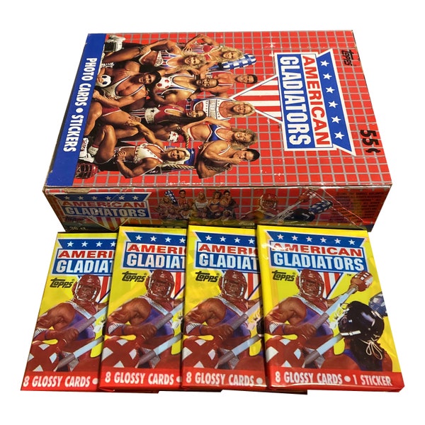 4 packs of American Gladiators vintage trading cards. 8 glossy cards and 1 sticker per pack. Topps 1991. Collect them all!