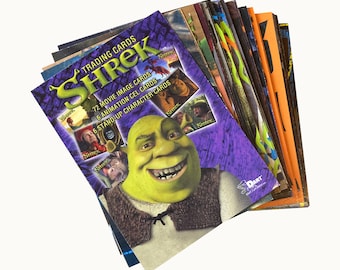 Shrek komplettes 72-Karten-Basisset von Vintage-Sammelkarten in ausgezeichnetem Zustand. Dart Flipcards, 2001.
