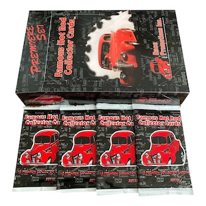 4 Packungen Vintage-Sammelkarten „Famous Hot Rod“. Serie 1. 10 Karten pro Packung. Sammle alle 120! Veröffentlicht von Race Promotions in den 1990er Jahren.