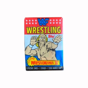 1 Packung WWF Wrestling feaming Wrestlemania III Sammelkarten. 9 Karten + 1 Sticker pro Packung. Topps 1987.Hulk Hogan.