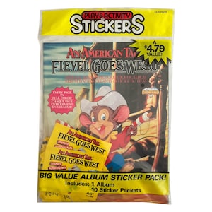 An American Tail: Fievel Goes West album di figurine vintage con 10 pacchetti di figurine nuovi di zecca nella confezione. Collezionali tutti! Diamond 1991.