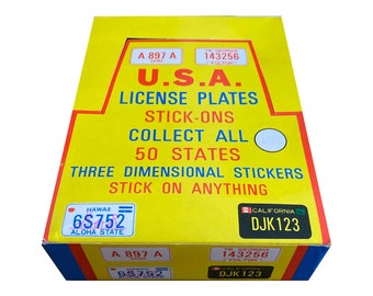 Full unopened box of vintage 1970s USA License Plate puffy stickers. Box contains 72 packs. Collect all 50 states! Made in Taiwan in 1979.