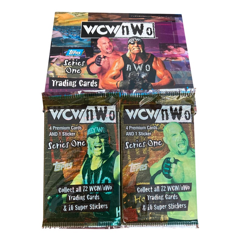 1 pack of WCW/NWO Series 1 official trading cards. 4 premium cards 1 sticker per pack. You choose wrapper style. Topps 1998. image 1
