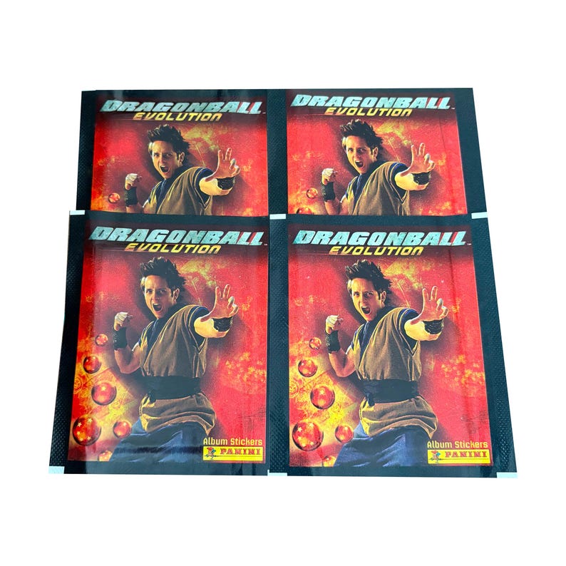 May include: Four Dragonball Evolution sticker packs. Each pack features a character in a fighting pose against a red and orange background with energy balls. The text "DRAGONBALL EVOLUTION" is at the top of each pack, with "Album Stickers" and the Panini logo at the bottom.