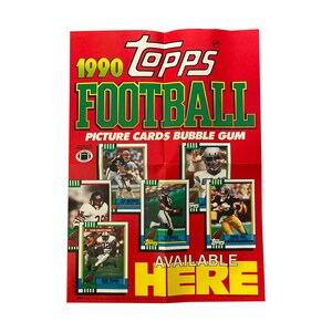Póster promocional vintage de Topps Football de 1990 para caja de cartas coleccionables. Mide 25 cm x 4,25 m desplegado. Efímera rara de los 90. Topps 1990.