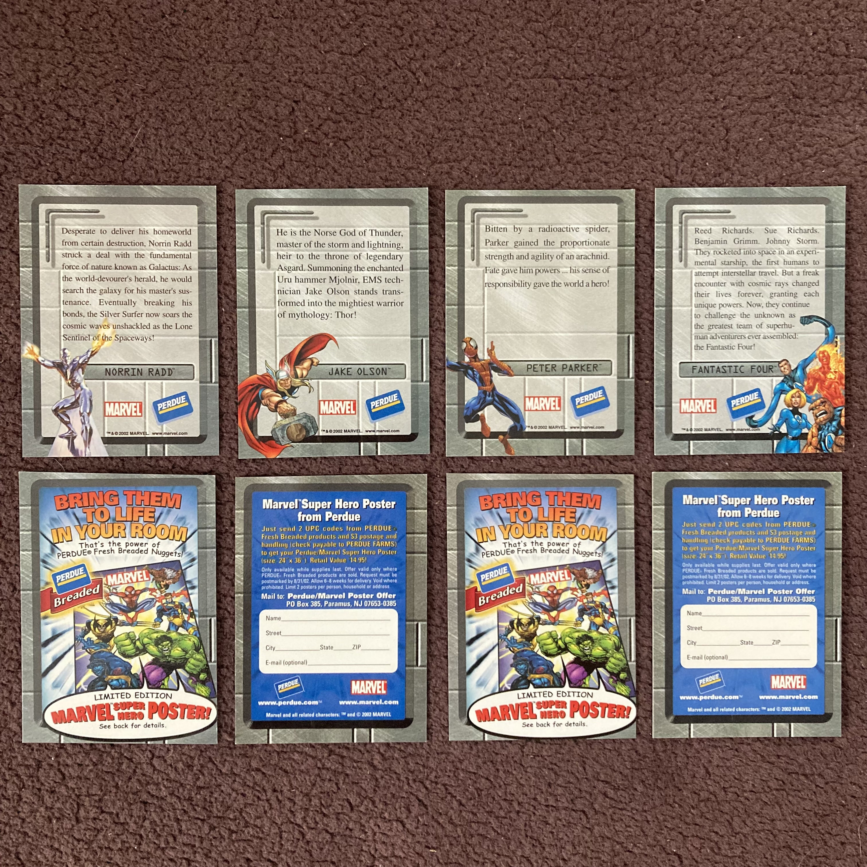 Marvel Super Hero Cards by Perdue. Produced in 2002. Lot of 4 + 4