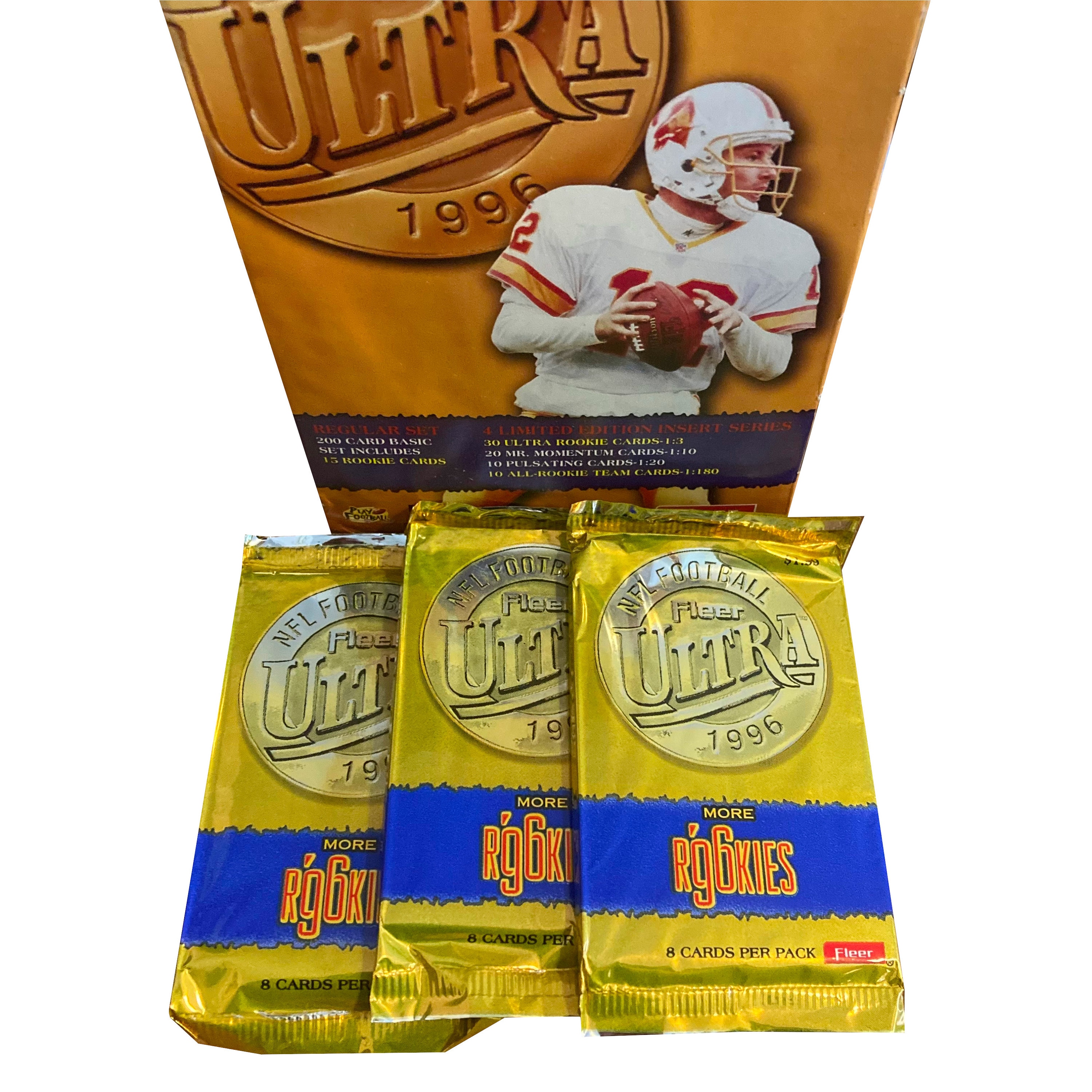 1996年Fleer Ultra Footballカード3パック。1パック8枚入り。複数の 