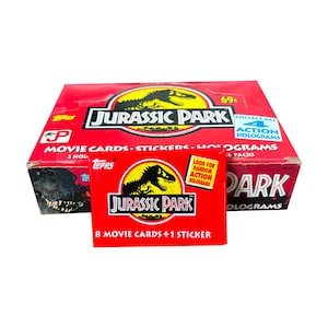 1 pack of vintage Jurassic Park trading cards. 8 movie cards + 1 sticker per pack. Randomly inserted holograms! Topps 1992 Collect them all!