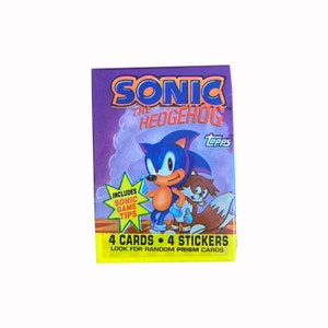 Sonic the Hedgehog vintage Cellophan-Hülle. 4 Karten + 4 Aufkleber in einer Packung. Zufällige Prismenkarten. Inklusive Sonic Spieltipps. Sega. Topps 1993.