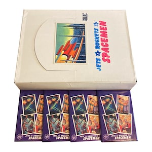 4 pakjes Jets Rockets Spacemen vintage ruilkaarten. Herdrukuitgave uit 1985 door WTW-producties van de originele Bowman Gum-set. FTCC 1986.