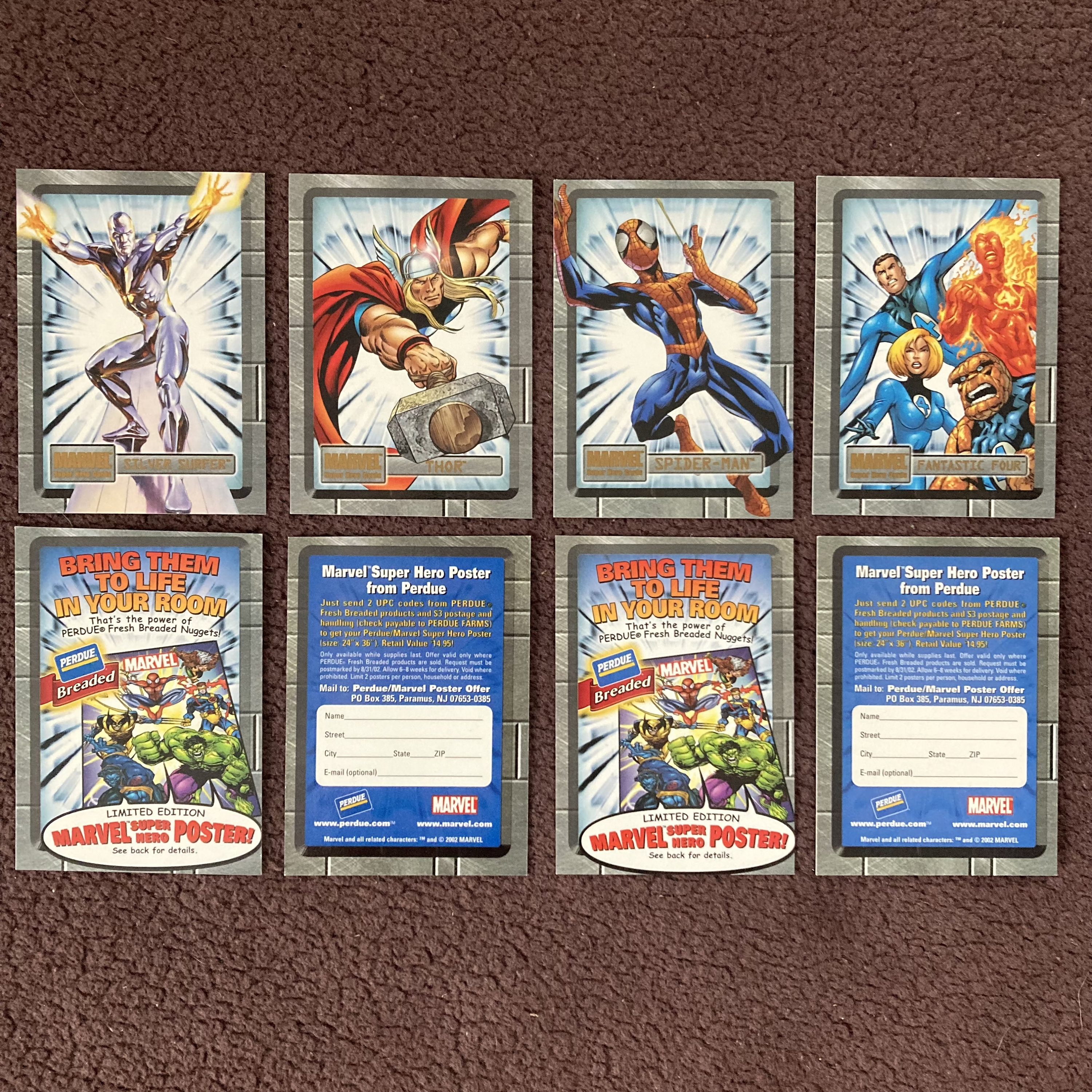 Marvel Super Hero Cards by Perdue. Produced in 2002. Lot of 4 + 4
