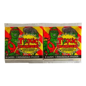 2 packs of Toxic Crusaders vintage trading cards. 8 cards and 1 hologram sticker per pack. Collect them all! Topps 1991. Toxie Troma