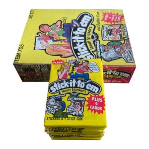 Autocollants Stick It To 'Em, lot de 19 paquets sans gomme. 6 autocollants par paquet de cire vintage. Fleer 1976. Vous savez où les mettre ! Rares !
