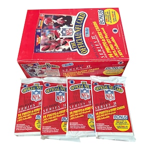 4 pacotes de cards de futebol americano da NFL, Série 2, do Pro Set de 1989. 14 cards por pacote. Muitas estrelas clássicas da NFL! Pro Set de 1989. Colecione todos!