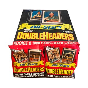 2 confezioni di oggetti da baseball vintage All-Stars DoubleHeaders. Ogni supporto contiene la mini carta rookie e la carta 1989 schiena contro schiena. Topps.