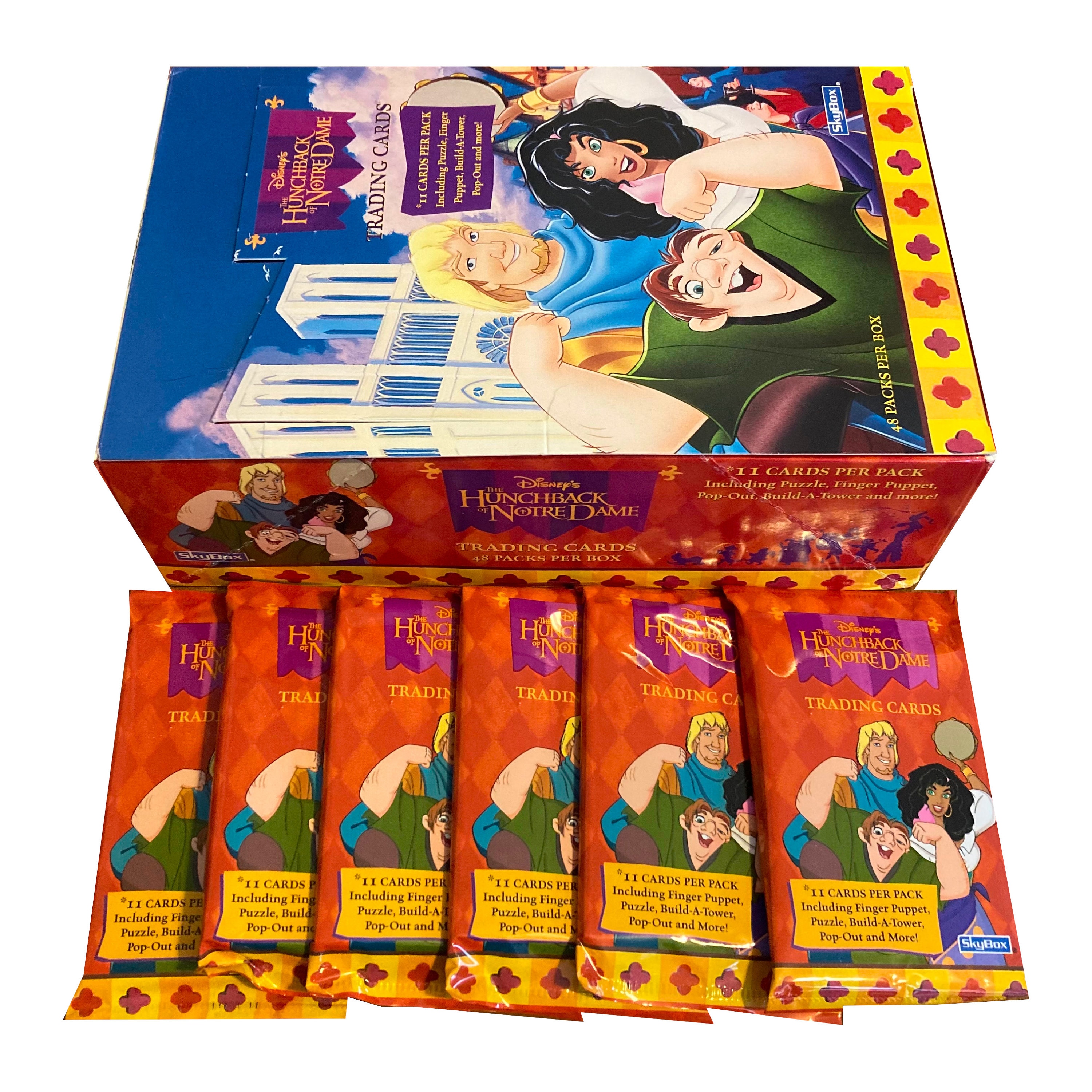 first edition notre dame trading cards 6 packs of Disney's Hunchback of Notre Dame trading cards. Each pack  contains 11 cards including finger puppet, puzzle, and more!