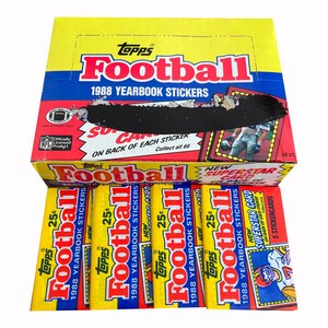 4 packs of Topps 1988 Football Yearbook Stickers. 5 sticker cards per vintage wax pack. Superstar card on the back of every sticker!