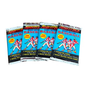 4 packs of 1988 Sportsflics Magic Motion vintage MLB baseball cards. 3 superstar cards + 2 trivia cards per pack. Collect them all!