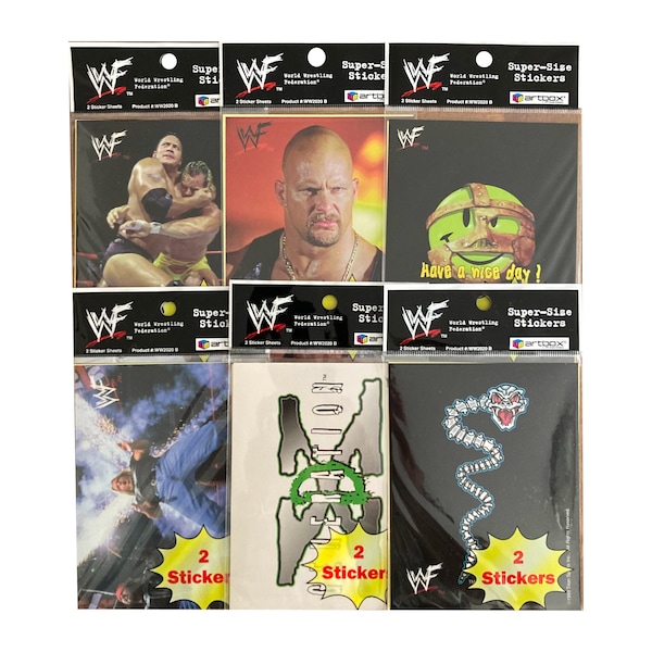 Complete set of 12 WWF Super-Size Stickers brand new in package. 6 packages each contain 2 giant stickers. Released by Artbox in 1999.