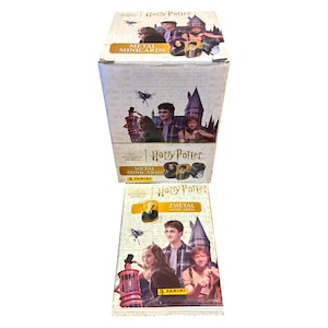 Peut inclure: Deux boîtes de Metal Minicards Harry Potter. Les boîtes sont blanches avec des images de personnages de Harry Potter et du château de Poudlard. Le texte "Harry Potter" et "Metal Minicards" sont visibles. Le logo Panini est également visible.