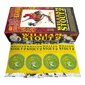 May include: A box set of "William Stout 2" collector cards by Comic Images. The box features a colorful illustration and the text "William Stout 2". Below the box are four packs of cards with a green dragon design and the text "William Stout 2".