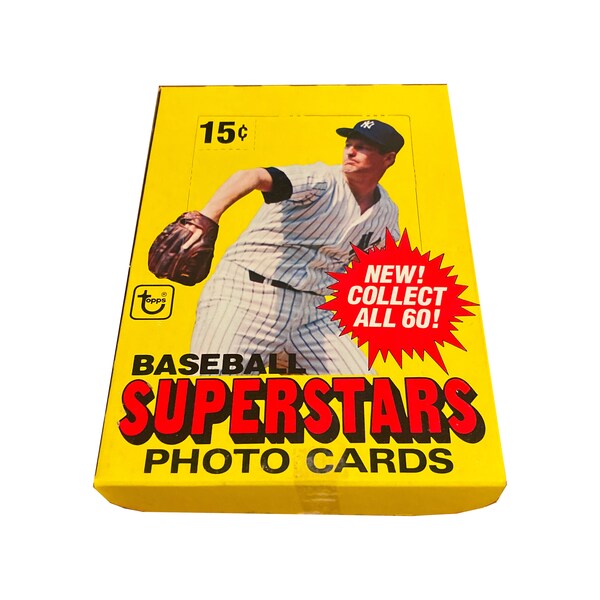 Full box of 1980 Topps Baseball Superstars Photo Cards. 48 cards per box. Collect all 60! Cards measure 5" x 7". Topps 1980. Case fresh!