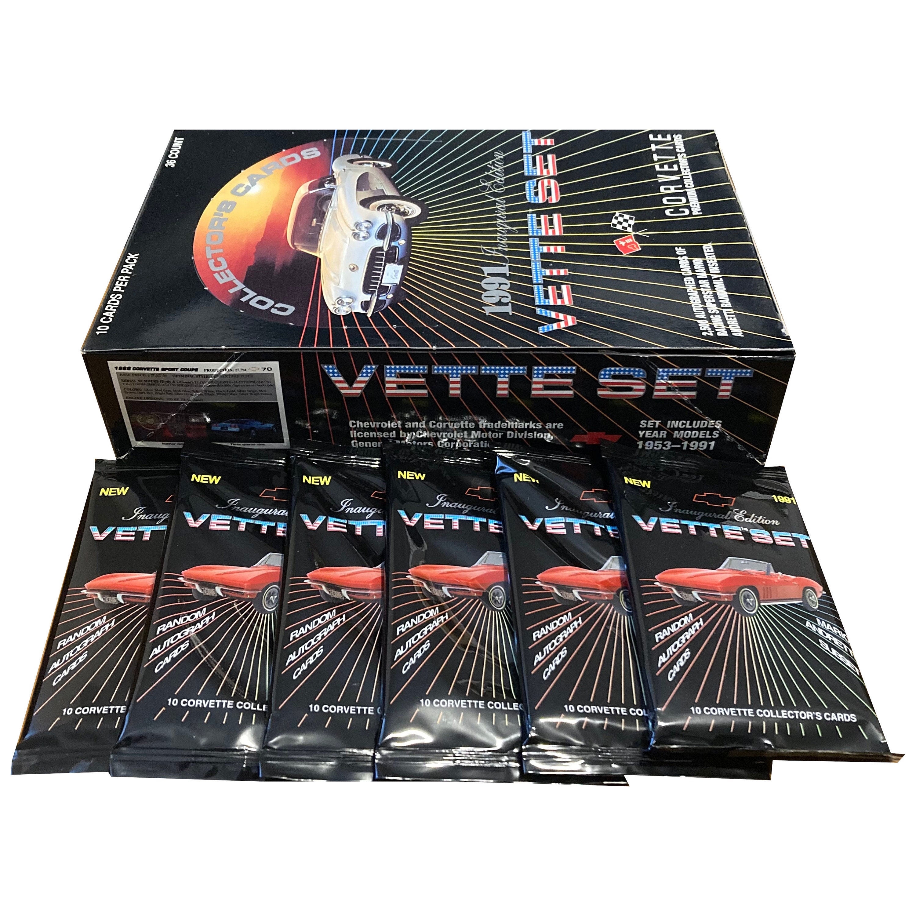 6 packs of Vette Set premium Corvette trading cards. '53 to '91. 10 cards per pack. Mario Andretti autograph cards randomly inserted!