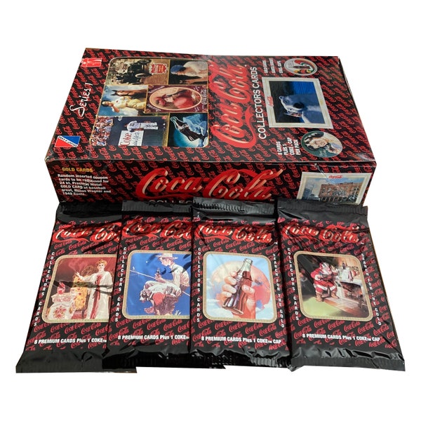 4 paquets de cartes à collectionner vintage Coca Cola série 1. 8 cartes + 1 capsule Coke par paquet. Collect-A-Card 1993. Cartes de chasse insérées au hasard !