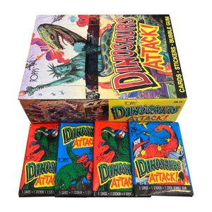 4er Packs Dinosaurier Attacke! Sammelkarten. Jede Packung enthält 5 Karten und 1 Sticker. Vintage Wachspackungen. Topps 1988.