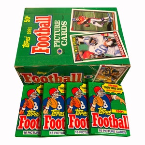 4 paquetes de tarjetas de fútbol americano Topps de 1991. 16 tarjetas por paquete vintage de celofán. ¿Sanders? ¿Elway? ¡Muchas estrellas clásicas de la NFL! Topps 1991.