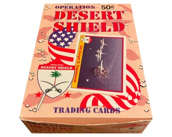 Full box of Operation Desert Shield vintage trading cards. 36 vintage wax packs, 12 cards per pack. Pacific Trading Cards 1991.