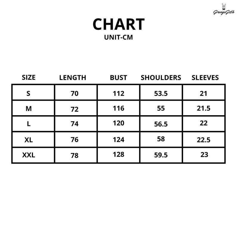 May include: A black and white size chart for clothing, with measurements in centimeters. The chart includes sizes S to XXL, listing length, bust, shoulders, and sleeve measurements. The text "CHART" is at the top.