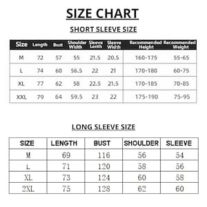 May include: A size chart for short and long sleeve shirts. The chart provides measurements for length, bust, shoulder width, sleeve length, and sleeve width in centimetres. It also lists recommended height and weight ranges.