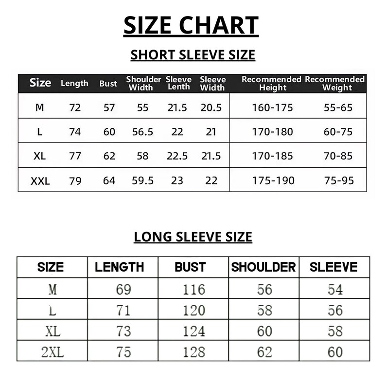 May include: A size chart for short and long sleeve shirts. The chart provides measurements for length, bust, shoulder width, sleeve length, and sleeve width in centimetres. It also lists recommended height and weight ranges.