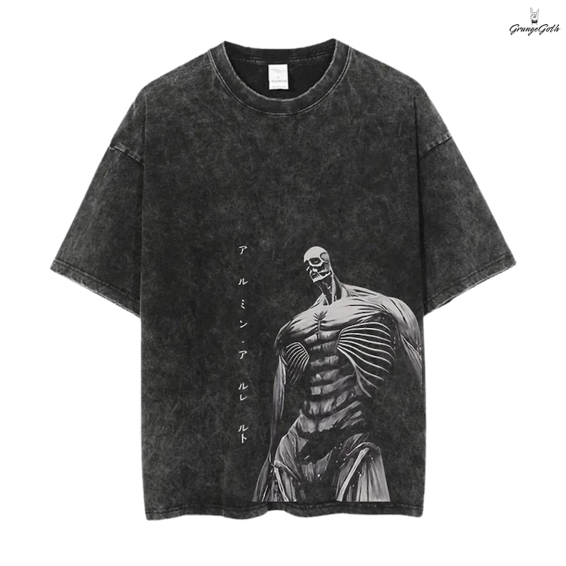 May include: Dark gray, acid wash t-shirt featuring a skeletal figure graphic. The design includes Japanese text on the left side. The shirt has a crew neck and short sleeves, with a grunge aesthetic.