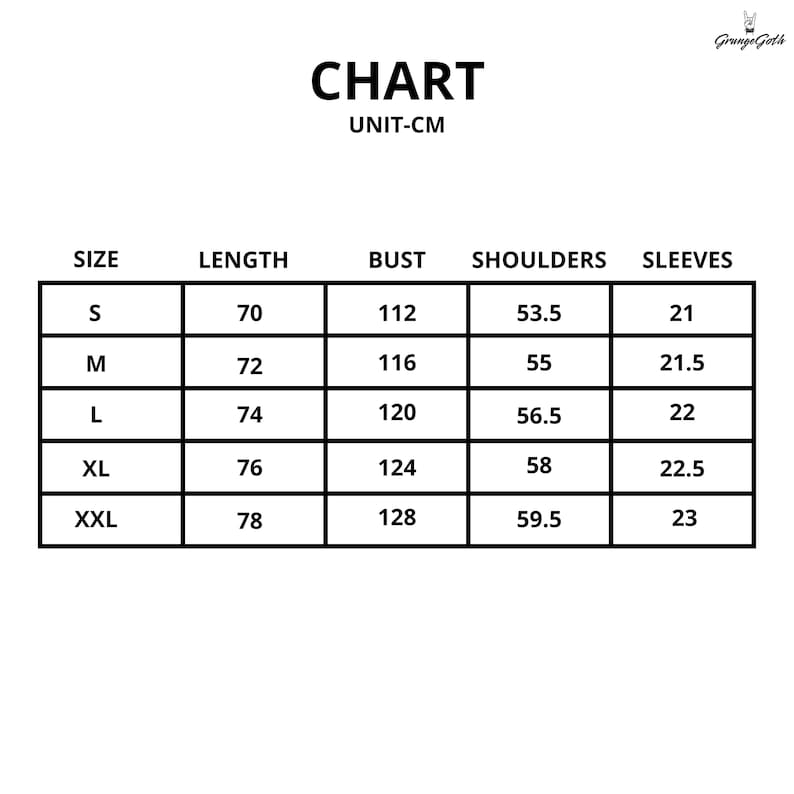 Op de afbeelding: Een zwart-wit maattabel voor kleding, met afmetingen in centimeters. De tabel bevat maten S tot XXL, met lengte, borst, schouders en mouwen. De tekst "CHART" staat bovenaan.