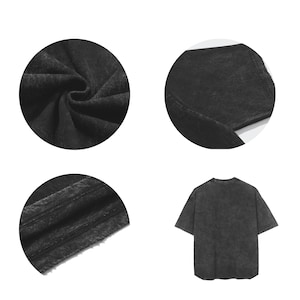 May include: A dark gray, short-sleeved t-shirt with a faded, textured appearance. The image includes close-up circular views of the fabric's texture and stitching. The shirt has a crew neck and a relaxed fit.