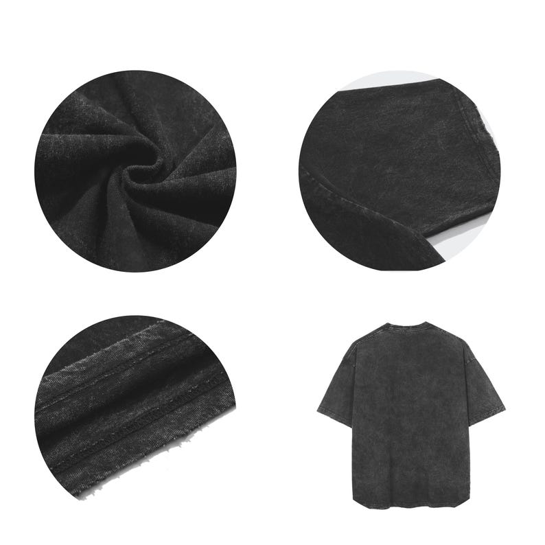 May include: A dark gray, short-sleeved t-shirt with a faded, textured appearance. The image includes close-up circular views of the fabric's texture and stitching. The shirt has a crew neck and a relaxed fit.