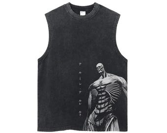 Vintage Washed Anime Tank Top | Oversized Gym Streetwear | Inspired by AOT | Gift for Him or Her