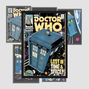 Pôster de quadrinhos Doctor Who Tardis Arte de ficção científica Arte de parede do Dr. Who, impressão Tardis, cachecol do Doctor Who, cabine policial, Daleks, arte de fã do Doctor Who