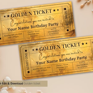Goldenes Ticket Einladung Vorlage Printable Geburtstagseinladung Geburtstags-Gold-Einladung Ticketvorlage Gold-Geburtstags-Party einladen