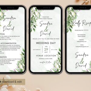 Könnte beinhalten: Drei Handy-Bildschirm-Mockups mit einem Design für eine Hochzeitseinladung. Das Design zeigt einen Aquarellhintergrund mit grünen Blättern und Blumen. Der Text auf der Einladung lautet "Sandra & David" und enthält Details zur Hochzeitsfeier, zur Unterkunft und zu den RSVP-Informationen.