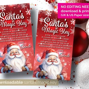 Puede incluir: Tarjeta imprimible "La Llave Mágica de Santa" con fondo rojo y una imagen de dibujos animados de Santa Claus. La tarjeta dice "La Llave Mágica de Santa" e incluye el texto "Con un poco de magia y un toque de alegría navideña, esta llave solo funciona un día especial del año. En Nochebuena, coloca esta llave en algún lugar donde pueda encontrarla fácilmente. Con cariño, Santa."