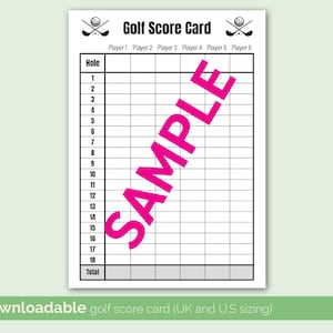 Tarjeta de puntuación de minigolf de 18 hoyos DESCARGA INMEDIATA Diseño imprimible golf tamaño Reino Unido y EE. UU. Descargar tarjeta de golf imprimible día de golf 8.5 x 11 y A4 D7