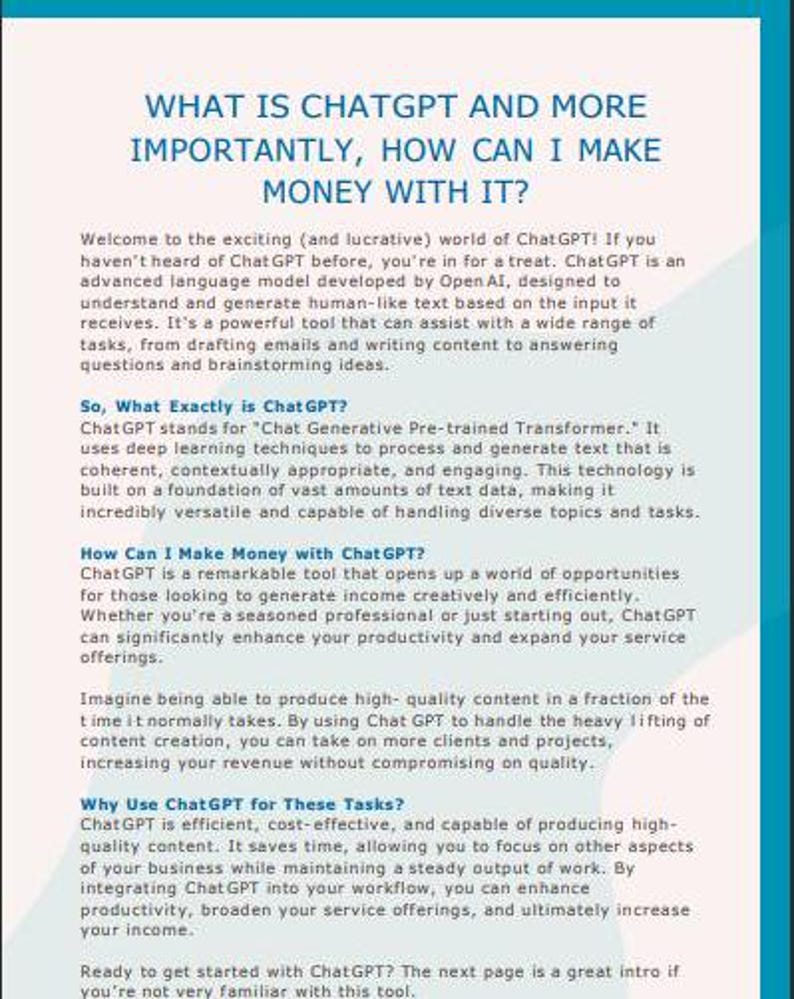Puede incluir: Un documento blanco y azul con el texto "What is ChatGPT and more importantly, how can I make money with it?" El documento explica los beneficios de usar ChatGPT para los negocios y c&oacute;mo puede ayudar a generar ingresos.