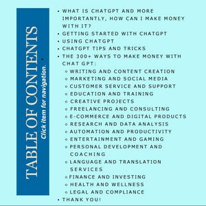 Puede incluir: Una tabla de contenido azul y blanca con una lista de formas de ganar dinero con ChatGPT. La lista incluye escritura y creaci&oacute;n de contenido, marketing y redes sociales, atenci&oacute;n al cliente y soporte, educaci&oacute;n y capacitaci&oacute;n, proyectos creativos, trabajo independiente y consultor&iacute;a, comercio electr&oacute;nico y productos digitales, investigaci&oacute;n y an&aacute;lisis de datos, automatizaci&oacute;n y productividad, entretenimiento y juegos, desarrollo personal y entrenamiento, servicios de traducci&oacute;n e idiomas, finanzas e inversi&oacute;n, salud y bienestar, legal y cumplimiento, y gracias.