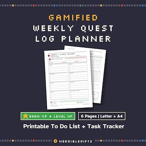 May include: A gamified weekly quest log planner with pixelated text reading GAMIFIED WEEKLY QUEST LOG PLANNER. The white paper sheets feature a weekly to-do list, health hearts, and XP trackers. Includes text reading EARN XP + LEVEL UP and 6 Pages | Letter + A4.