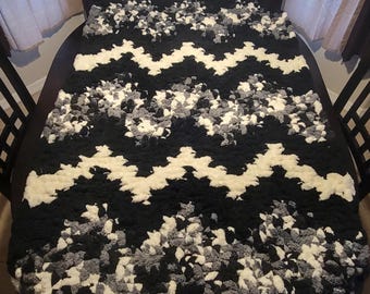 FREE SHIPPING: Midnight Frost- One of a Kind Hand Knitted Chenille Throw (36" x 70")