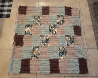 FREE SHIPPING: Prairie Patchwork- Hand Knitted Chenille Blanket (50"x 52")